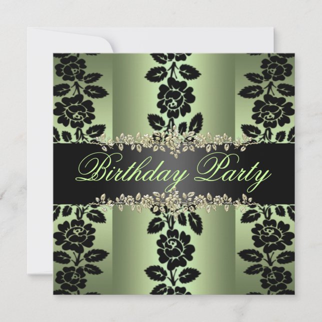 Invitación de cumpleaños con rosa verde y negra (Anverso)