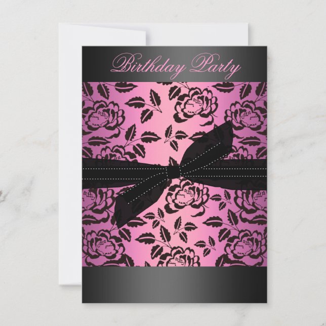 Invitación de cumpleaños con rosa y lazo negro/ros (Anverso)