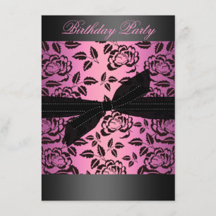 Invitación de cumpleaños con rosa y lazo negro/ros