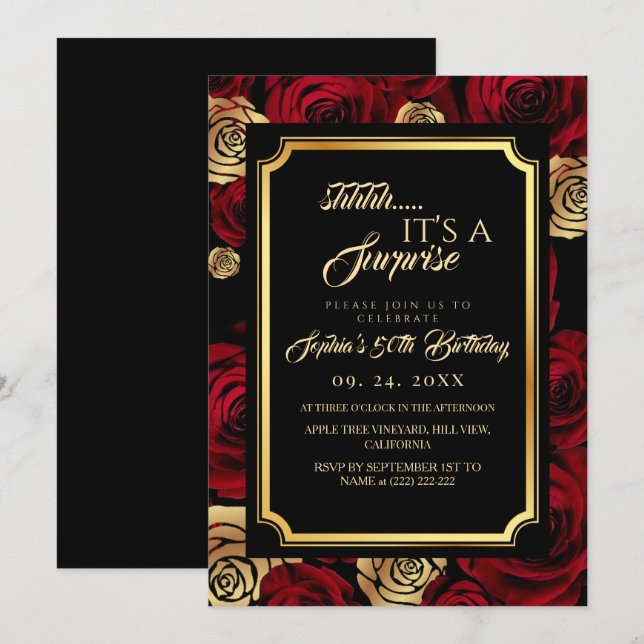 Invitación de cumpleaños con rosas negras de Borgo (Anverso / Reverso)