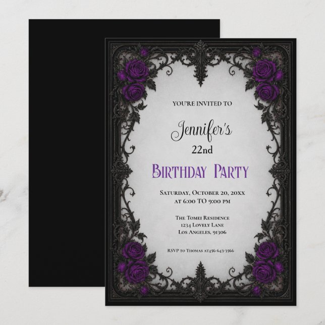 Invitación de cumpleaños con rosas púrpuras elegan (Anverso / Reverso)