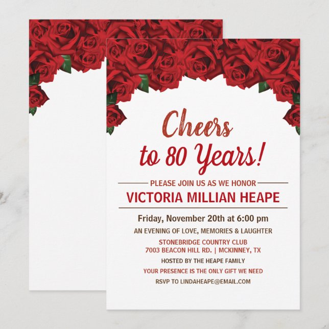 Invitación de cumpleaños con rosas rojas de CUALQU (Anverso / Reverso)
