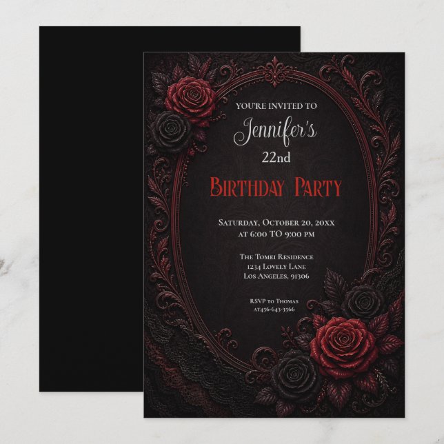 Invitación de cumpleaños con rosas rojas elegantes (Anverso / Reverso)
