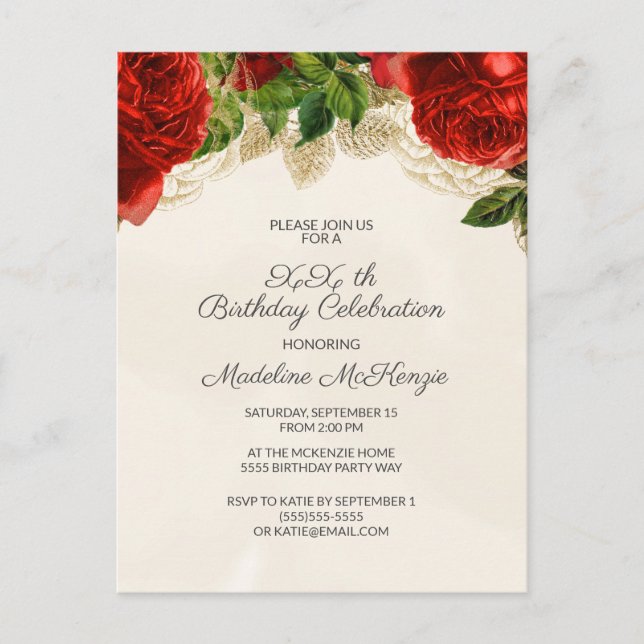 Invitación de cumpleaños con rosas rojas elegantes (Anverso)