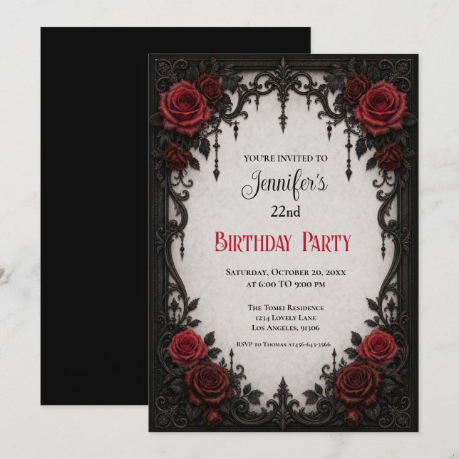 Invitación de cumpleaños con rosas rojas elegantes (Anverso / Reverso)