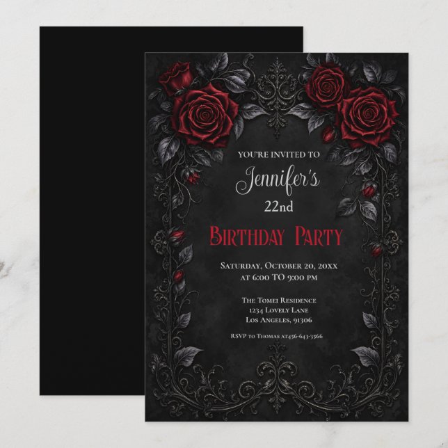 Invitación de cumpleaños con rosas rojas elegantes (Anverso / Reverso)