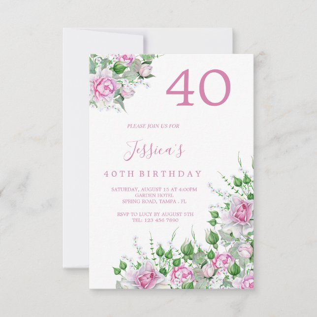 Invitación de Cumpleaños con Rosas Rosadas en la E (Anverso)