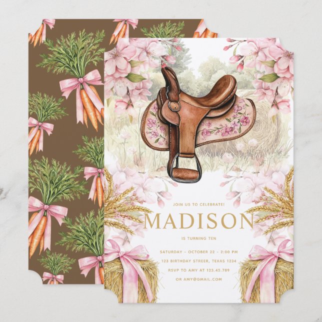 Invitación de cumpleaños con silla de montar de ca (Anverso / Reverso)