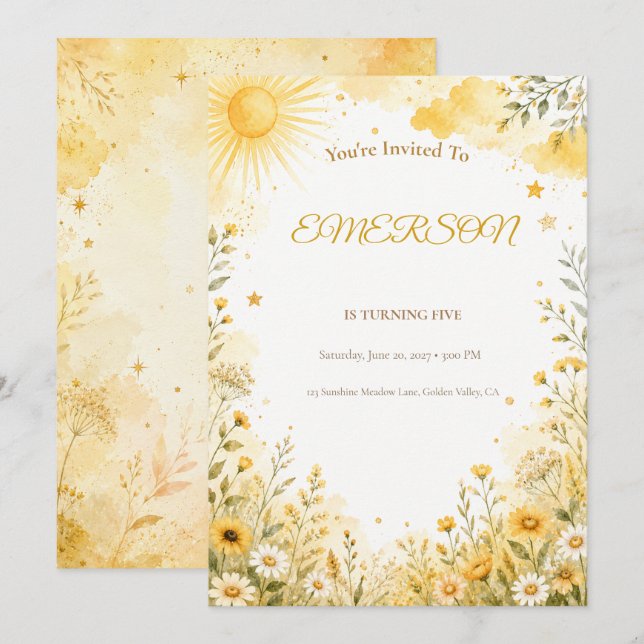 Invitación de cumpleaños con sol | Rayo de sol (Anverso / Reverso)