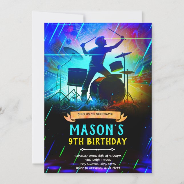 Invitación de cumpleaños con tambor de neón (Anverso)