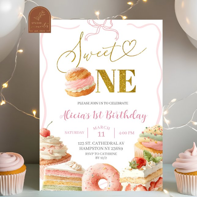 Invitación de cumpleaños con tarta y lazo coquette (Subido por el creador)