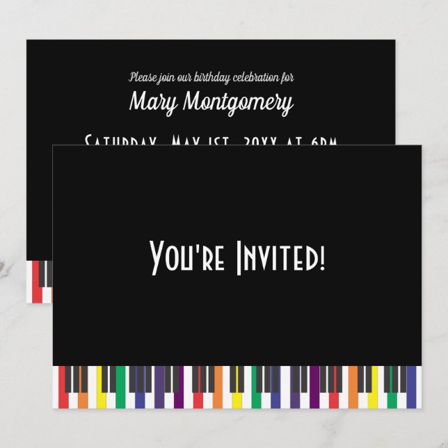 Invitación de cumpleaños con teclas de piano arcoí (Anverso / Reverso)