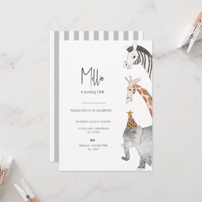 Invitación de cumpleaños con tema animal minimalis (Anverso/Reverso In Situ)