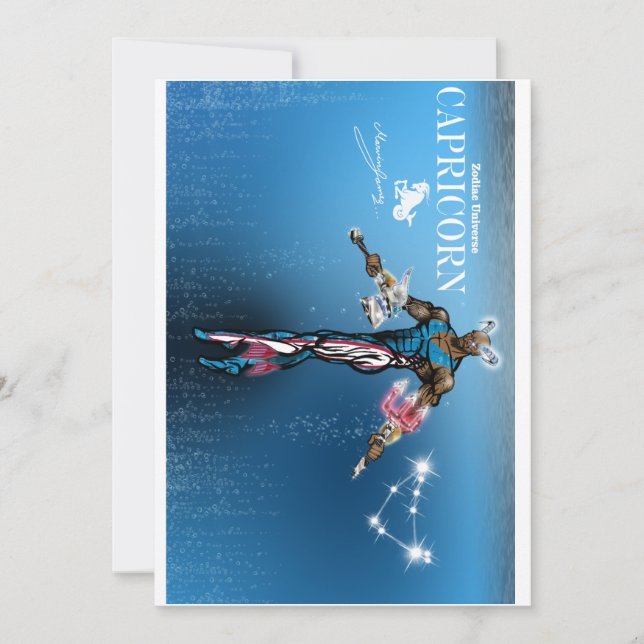 Invitación de cumpleaños con tema Capricornio. (Anverso)