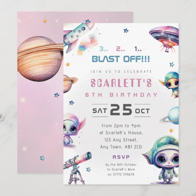 Invitación de cumpleaños con tema de alienígena es (Anverso / Reverso)