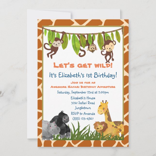 Invitación de cumpleaños con tema de animales de l (Anverso)