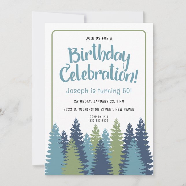Invitación de cumpleaños con tema de árboles rústi (Anverso)
