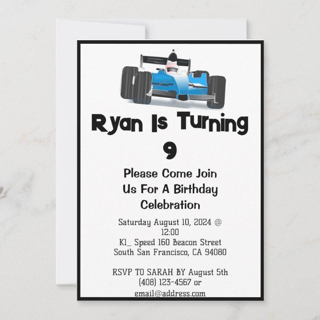Invitación de cumpleaños con tema de autos de carr (Anverso)