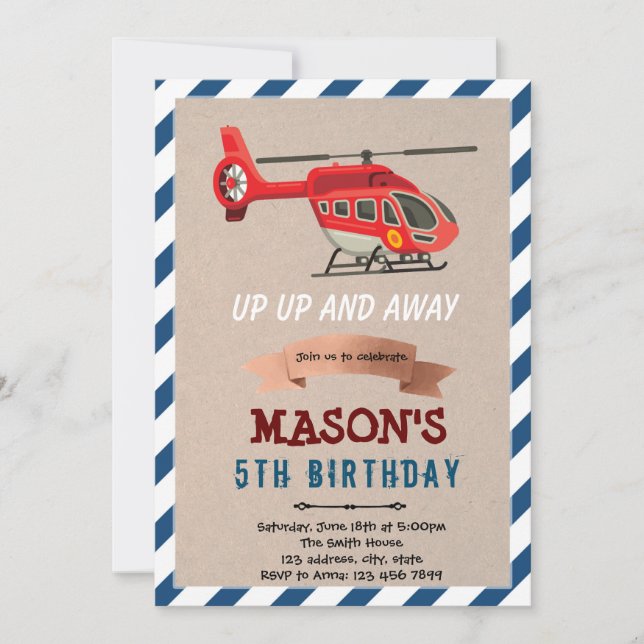 Invitación de cumpleaños con tema de avión helicóp (Anverso)