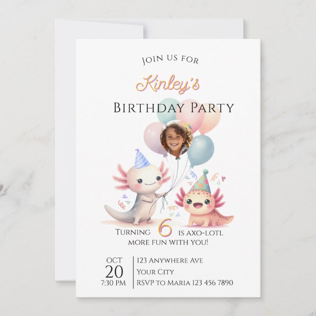 Invitación de cumpleaños con tema de Axolotl (Anverso)