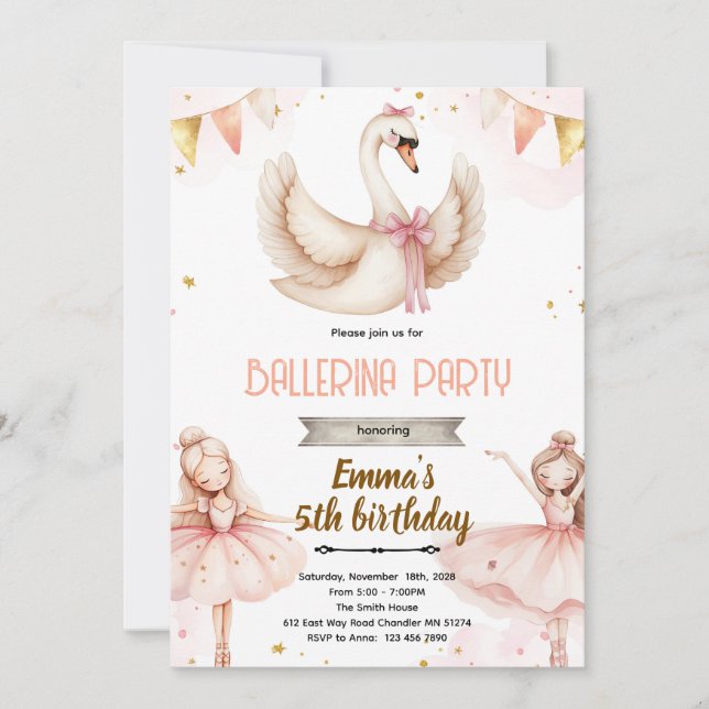 invitación de cumpleaños con tema de ballet de cis (Anverso)