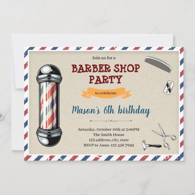Invitación de cumpleaños con tema de barbería al e (Anverso)