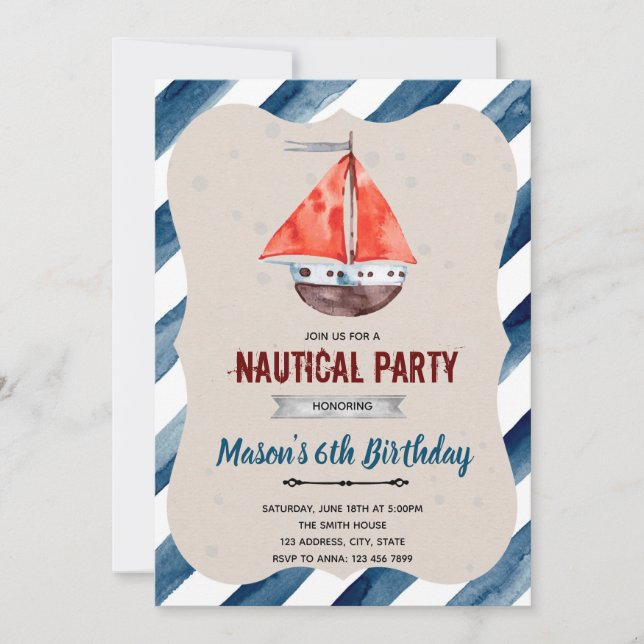 Invitación de cumpleaños con tema de barco náutico (Anverso)