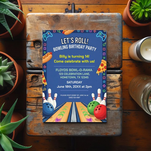 Invitación de cumpleaños con tema de bolos (Subido por el creador)