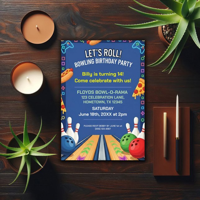 Invitación de cumpleaños con tema de bolos (Subido por el creador)