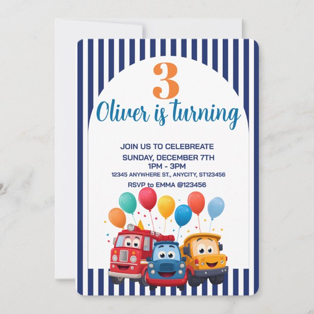 Invitación de cumpleaños con tema de camión rayado (Anverso)