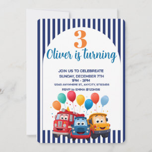 Invitación de cumpleaños con tema de camión rayado