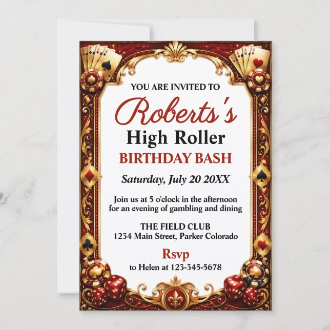 Invitación de cumpleaños con tema de casino Noche  (Anverso)
