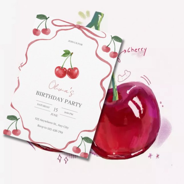 Invitación de cumpleaños con tema de cereza linda (Subido por el creador)
