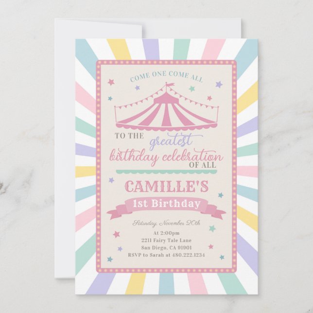 Invitación de cumpleaños con tema de circo de niña (Anverso)