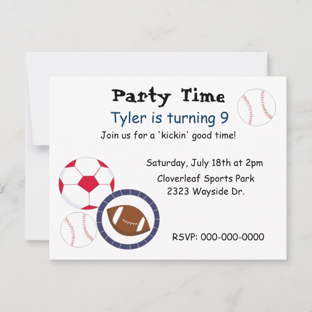 Invitación de cumpleaños con tema de deportes (Anverso)