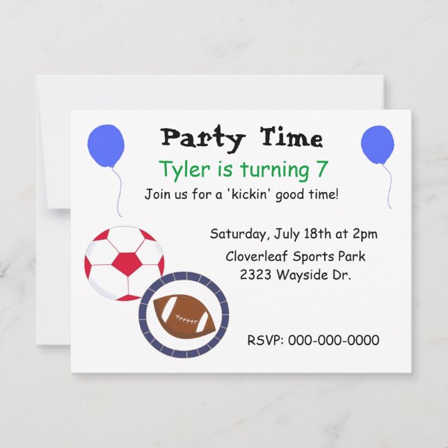 Invitación de cumpleaños con tema de deportes (Anverso)