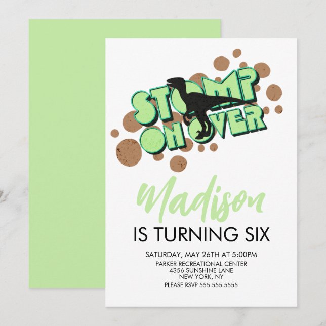 Invitación de cumpleaños con tema de dinosaurio re (Anverso / Reverso)