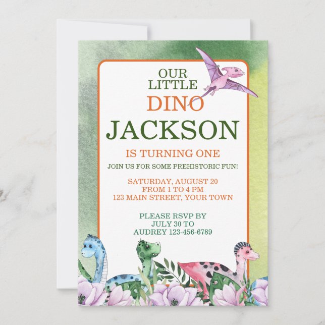 Invitación de cumpleaños con tema de dinosaurios p (Anverso)