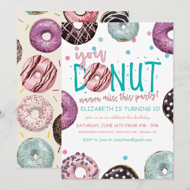 Invitación de cumpleaños con tema de donut (Anverso / Reverso)