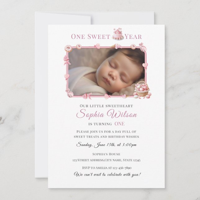 Invitación de cumpleaños con tema de donut rosa y  (Anverso)