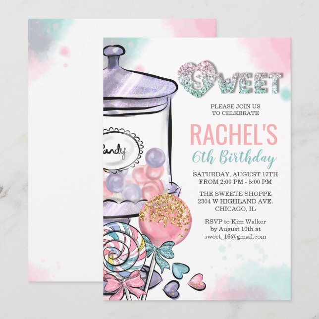 Invitación de cumpleaños con tema de dulces para c (Anverso / Reverso)