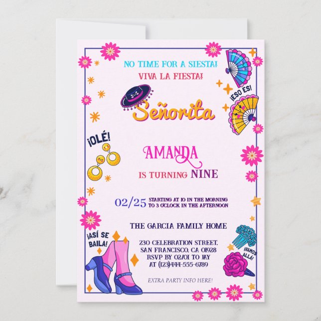 Invitación de cumpleaños con tema de Flamenco (Anverso)