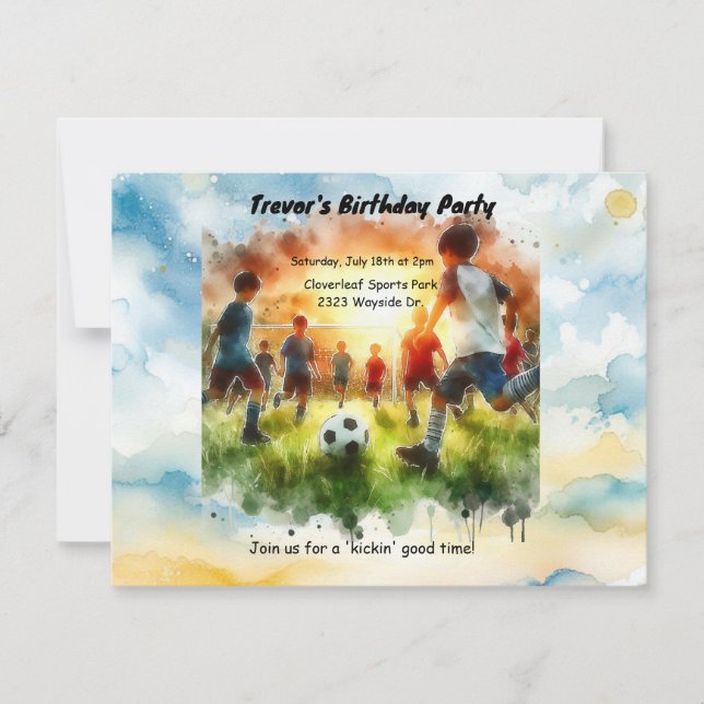 Invitación de cumpleaños con tema de fútbol acuare (Anverso)