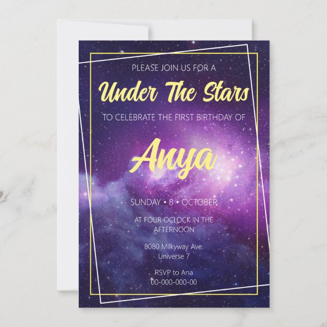 Invitación de cumpleaños con tema de galaxia (Reverso)