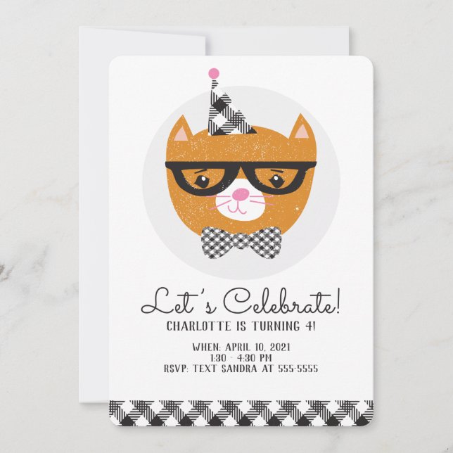Invitación de cumpleaños con tema de gato (Anverso)
