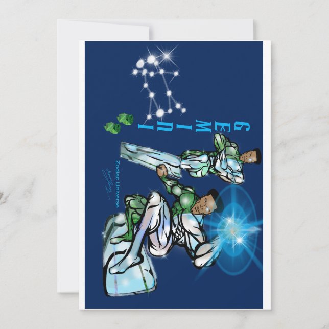 Invitación de cumpleaños con tema de Géminis. (Anverso)
