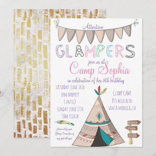 Invitación de cumpleaños con tema de Glamping