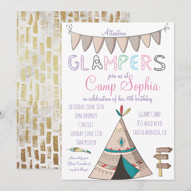 Invitación de cumpleaños con tema de Glamping (Anverso / Reverso)