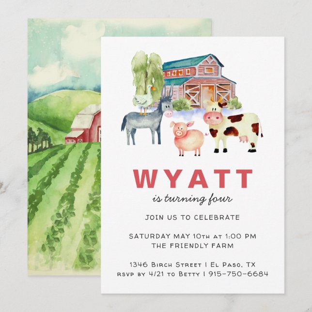 Invitación de cumpleaños con tema de granja (Anverso / Reverso)