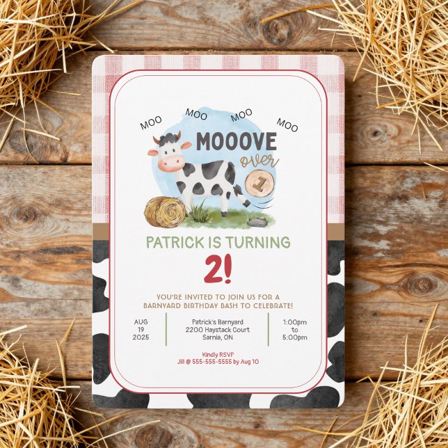 Invitación de cumpleaños con tema de granja Mooove (Farm Theme Kid's Birthday Party Invitation with a KICK!)